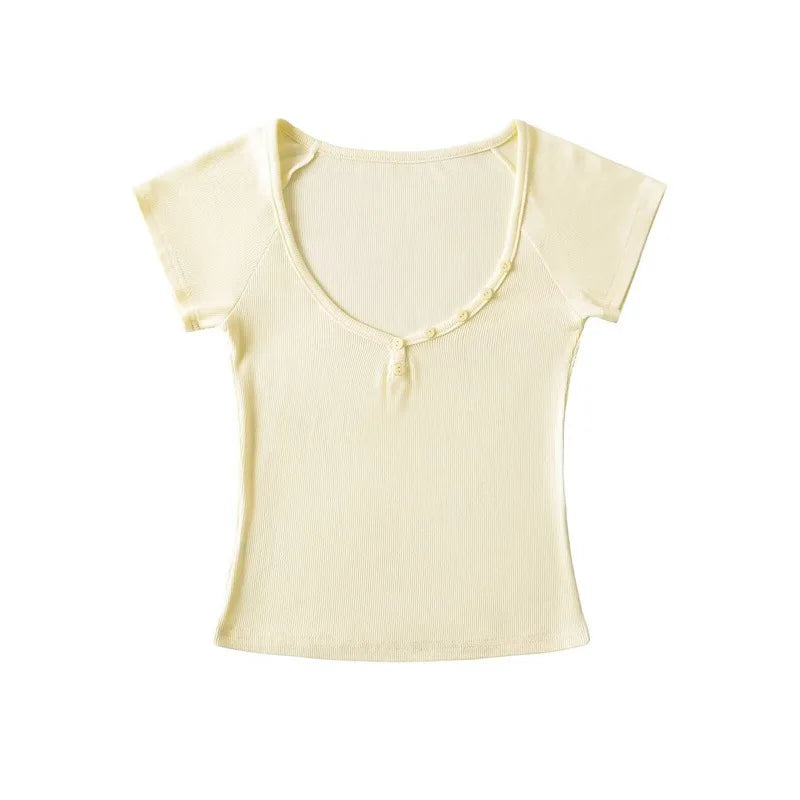 Women's V-Neck Button Short Sleeve T-Shirt Lightweight Breathable Loose Fit Sexy Tee Summer Elastic Waist Four-Way Stretch