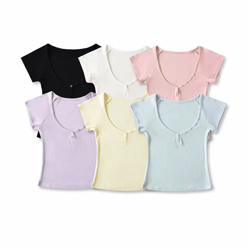 Women's V-Neck Button Short Sleeve T-Shirt Lightweight Breathable Loose Fit Sexy Tee Summer Elastic Waist Four-Way Stretch