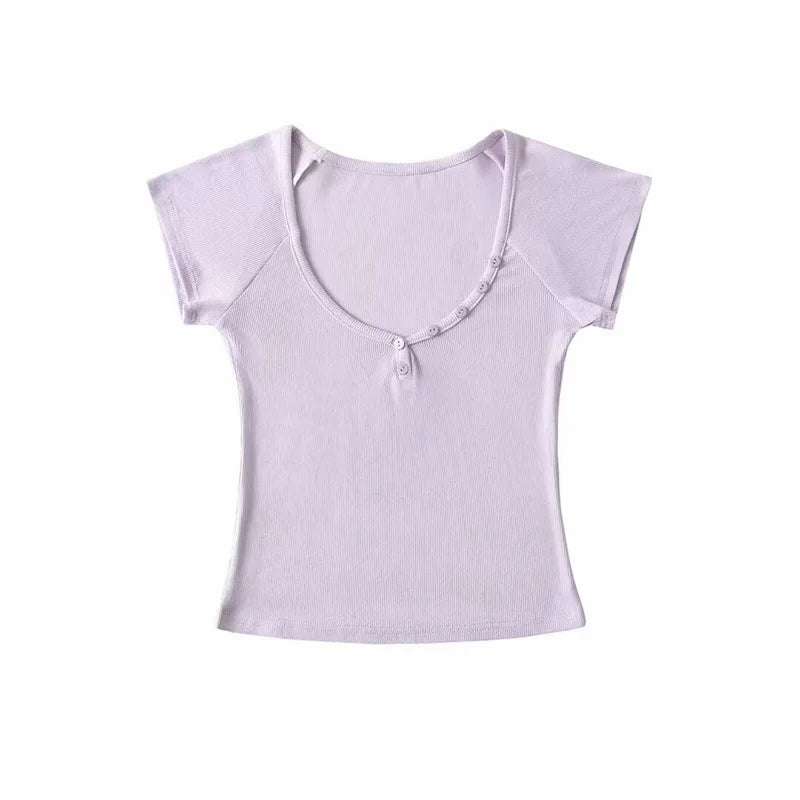 Women's V-Neck Button Short Sleeve T-Shirt Lightweight Breathable Loose Fit Sexy Tee Summer Elastic Waist Four-Way Stretch