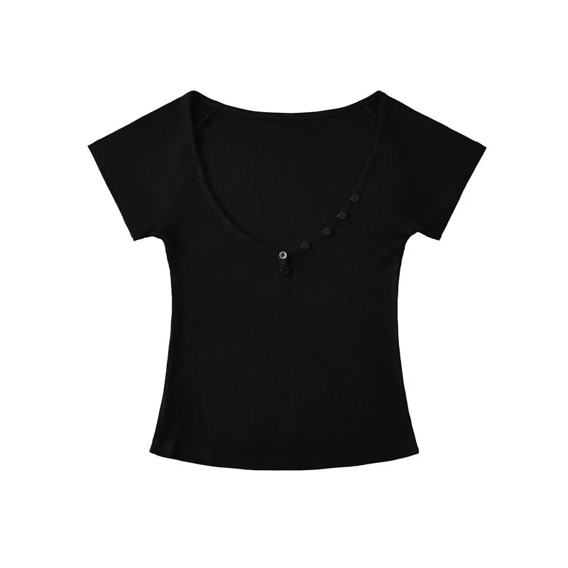 Women's V-Neck Button Short Sleeve T-Shirt Lightweight Breathable Loose Fit Sexy Tee Summer Elastic Waist Four-Way Stretch