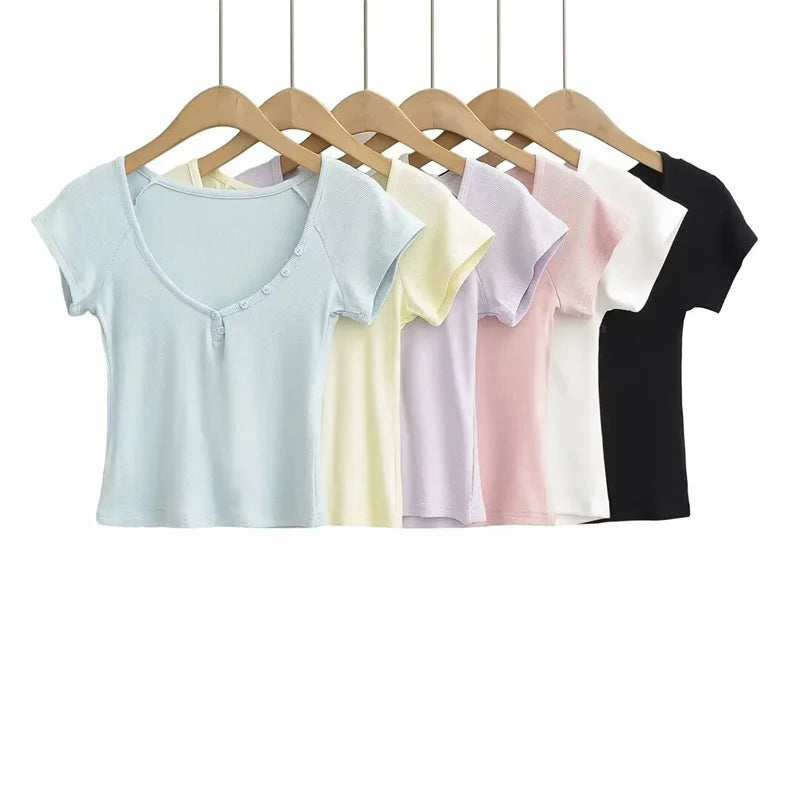 Women's V-Neck Button Short Sleeve T-Shirt Lightweight Breathable Loose Fit Sexy Tee Summer Elastic Waist Four-Way Stretch