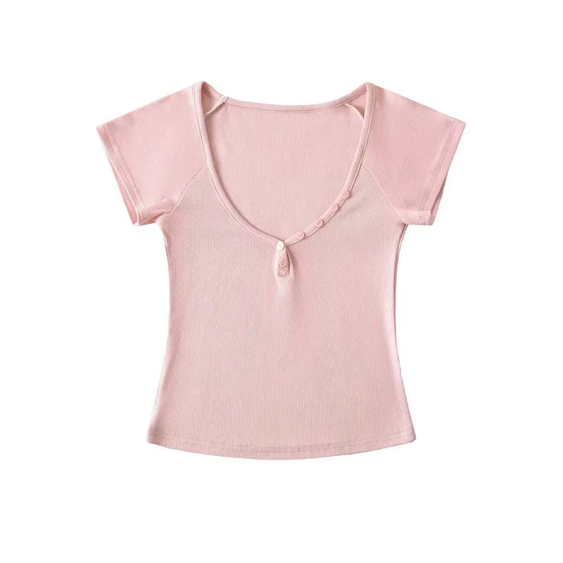 Women's V-Neck Button Short Sleeve T-Shirt Lightweight Breathable Loose Fit Sexy Tee Summer Elastic Waist Four-Way Stretch