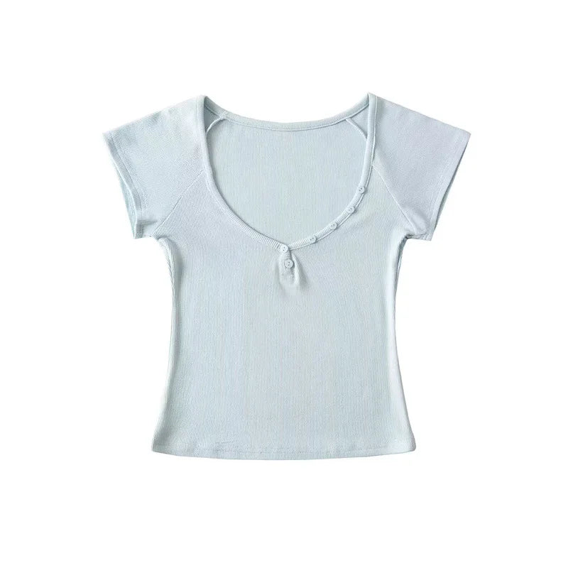 Women's V-Neck Button Short Sleeve T-Shirt Lightweight Breathable Loose Fit Sexy Tee Summer Elastic Waist Four-Way Stretch