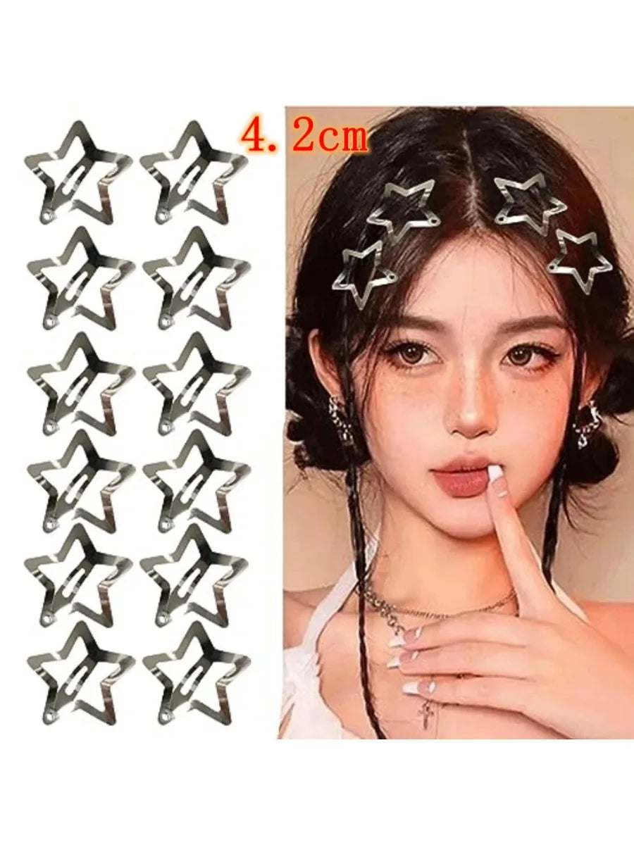 12//200pcs Y2K 4.2cm Silver Star Hair Clips for Girls Metal Snap Clip Hairpins Barrettes Hair Grip Jewel Hair Accessories