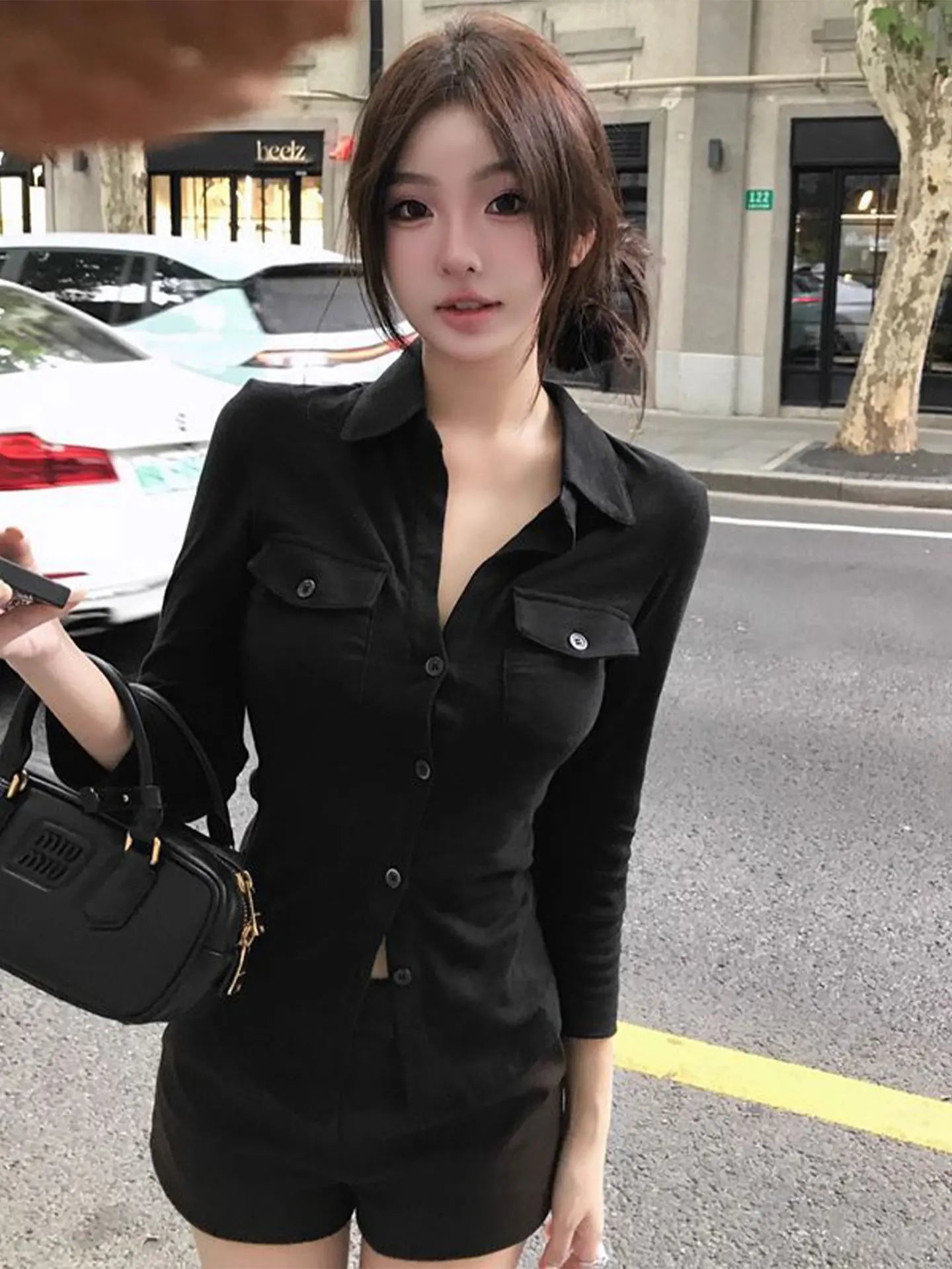 Slim Fit  Neck Shirt Women's Early Autumn Top Black Long Sleeve Commute Style Korean Version Regular Thickness Chinese Pr...