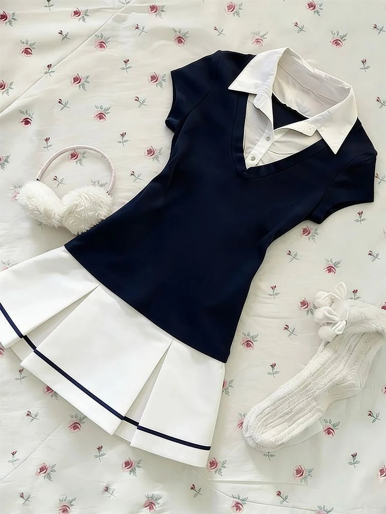 Japanese JK Style Sweet 2 Piece Set Women Fake Two Piece Navy Short Sleeve Top + High Waist Pleated Skirt Preppy Fashion Outfit