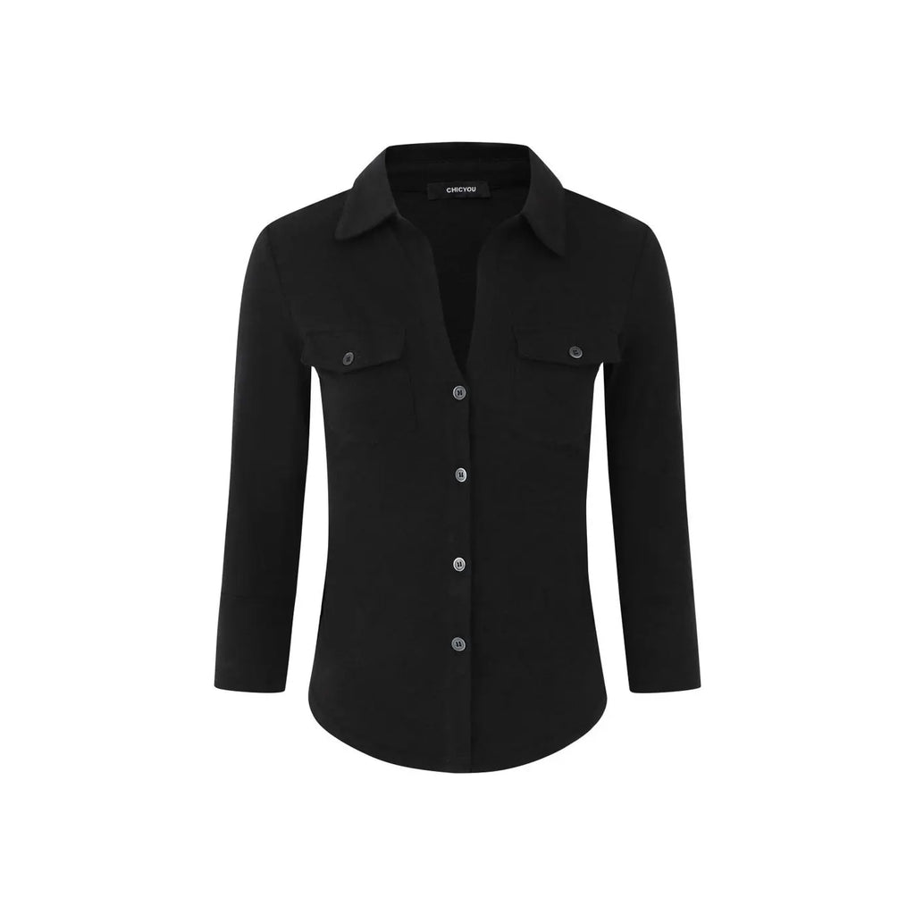 Slim Fit  Neck Shirt Women's Early Autumn Top Black Long Sleeve Commute Style Korean Version Regular Thickness Chinese Pr...