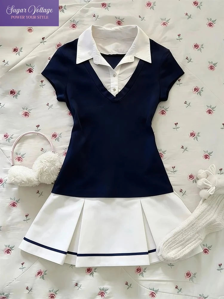 Japanese JK Style Sweet 2 Piece Set Women Fake Two Piece Navy Short Sleeve Top + High Waist Pleated Skirt Preppy Fashion Outfit