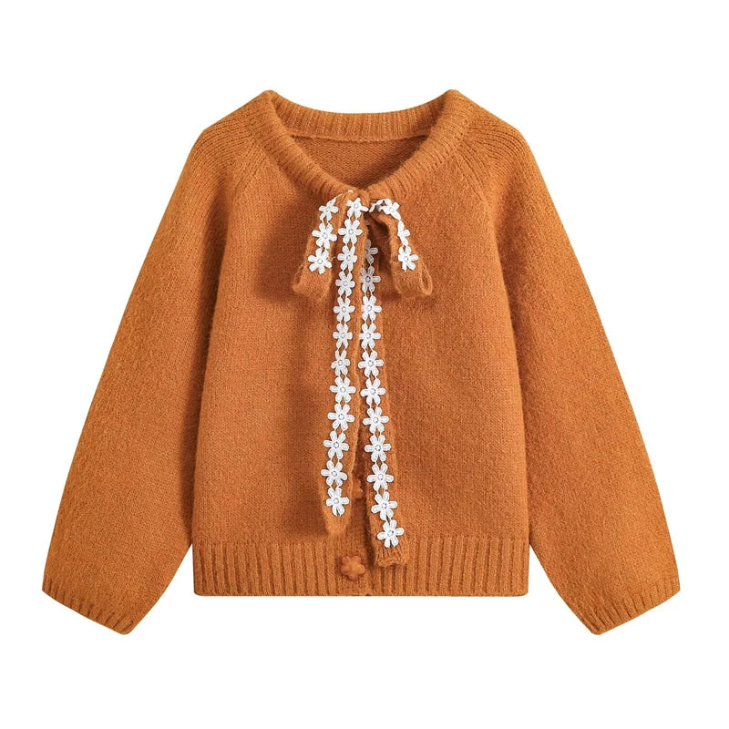 Women's Lace Bow Knit Cardigan, Crew Neck, Long Sleeve, Single Button, Soft Knitted Sweater Jacket, Autumn Daily Casual