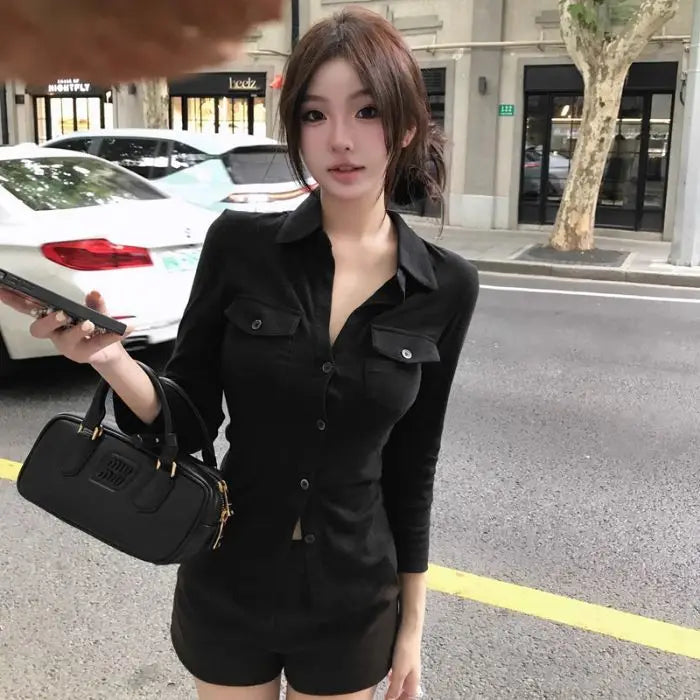 Slim Fit  Neck Shirt Women's Early Autumn Top Black Long Sleeve Commute Style Korean Version Regular Thickness Chinese Pr...