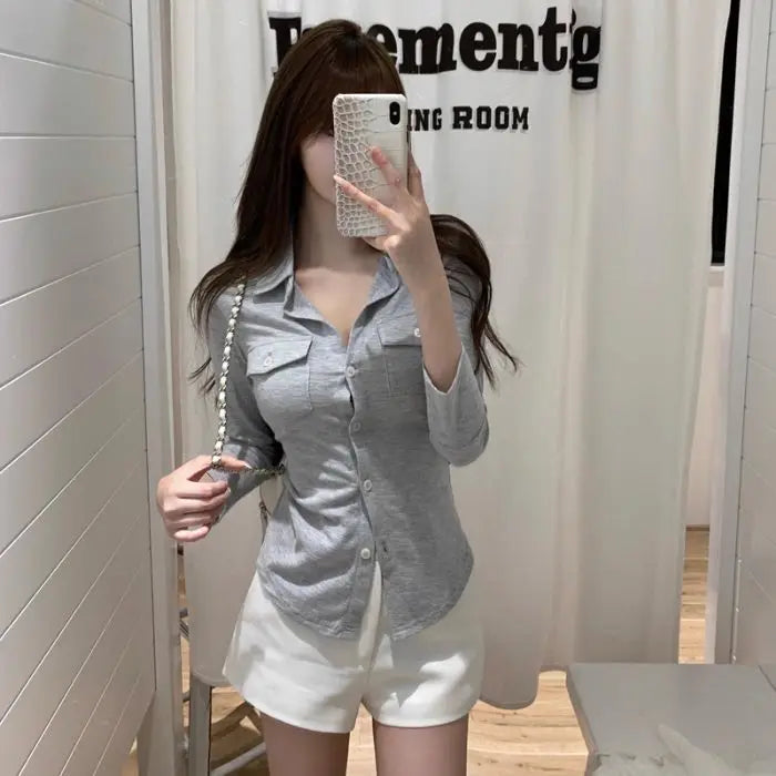 Slim Fit  Neck Shirt Women's Early Autumn Top Black Long Sleeve Commute Style Korean Version Regular Thickness Chinese Pr...