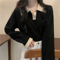 Women's Loose Fit Long Sleeve  Shirt Thin Turn-down Collar Korean Style Slimming Color Block City Walk Casual T-shirt