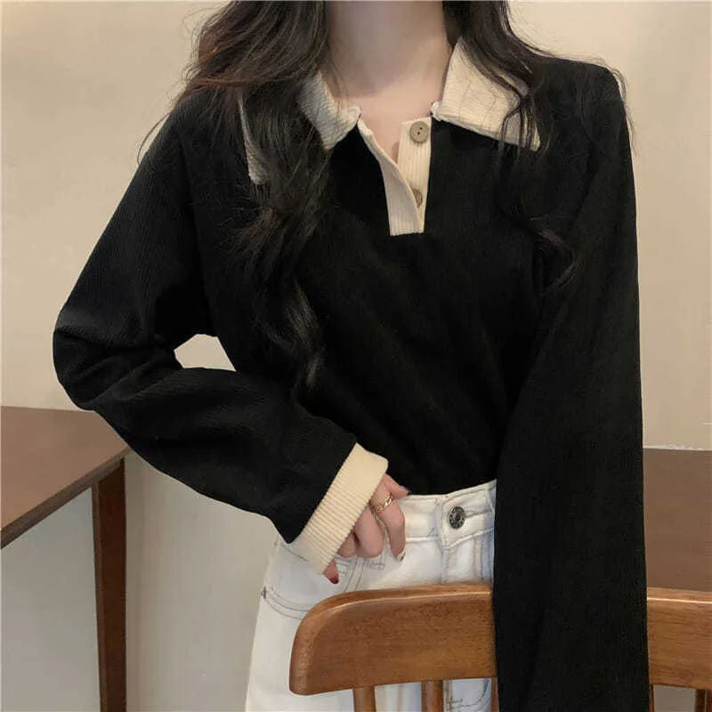 Women's Loose Fit Long Sleeve  Shirt Thin Turn-down Collar Korean Style Slimming Color Block City Walk Casual T-shirt
