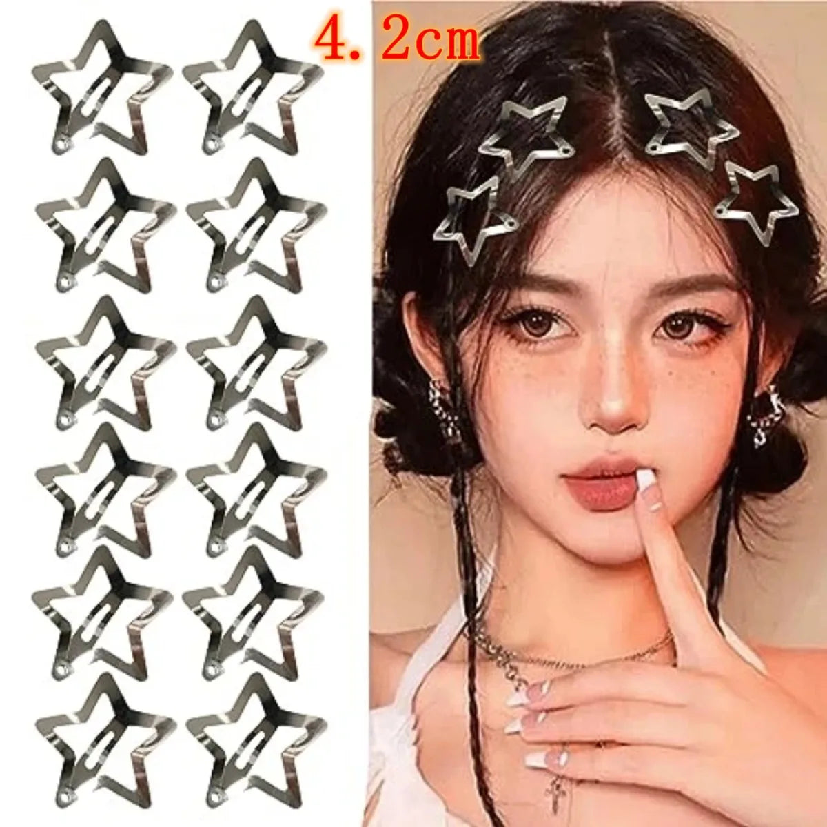 12//200pcs Y2K 4.2cm Silver Star Hair Clips for Girls Metal Snap Clip Hairpins Barrettes Hair Grip Jewel Hair Accessories