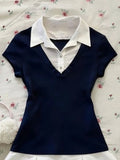 Japanese JK Style Sweet 2 Piece Set Women Fake Two Piece Navy Short Sleeve Top + High Waist Pleated Skirt Preppy Fashion Outfit