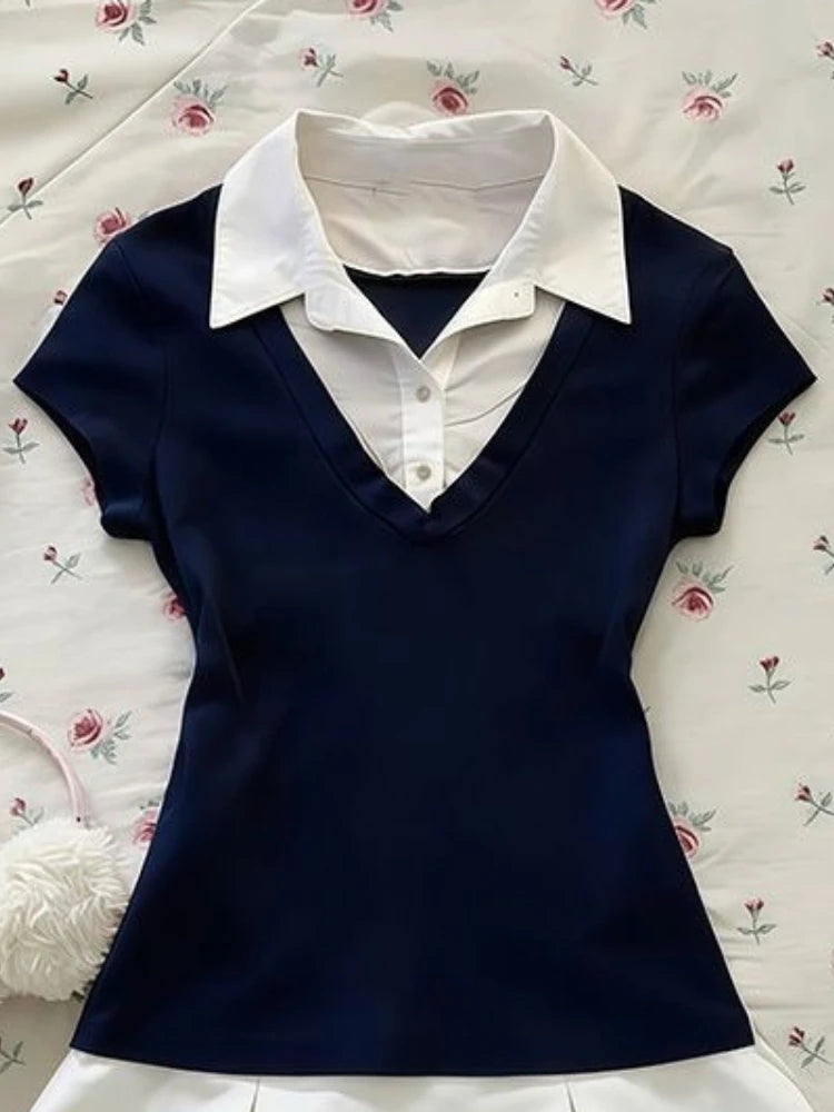 Japanese JK Style Sweet 2 Piece Set Women Fake Two Piece Navy Short Sleeve Top + High Waist Pleated Skirt Preppy Fashion Outfit