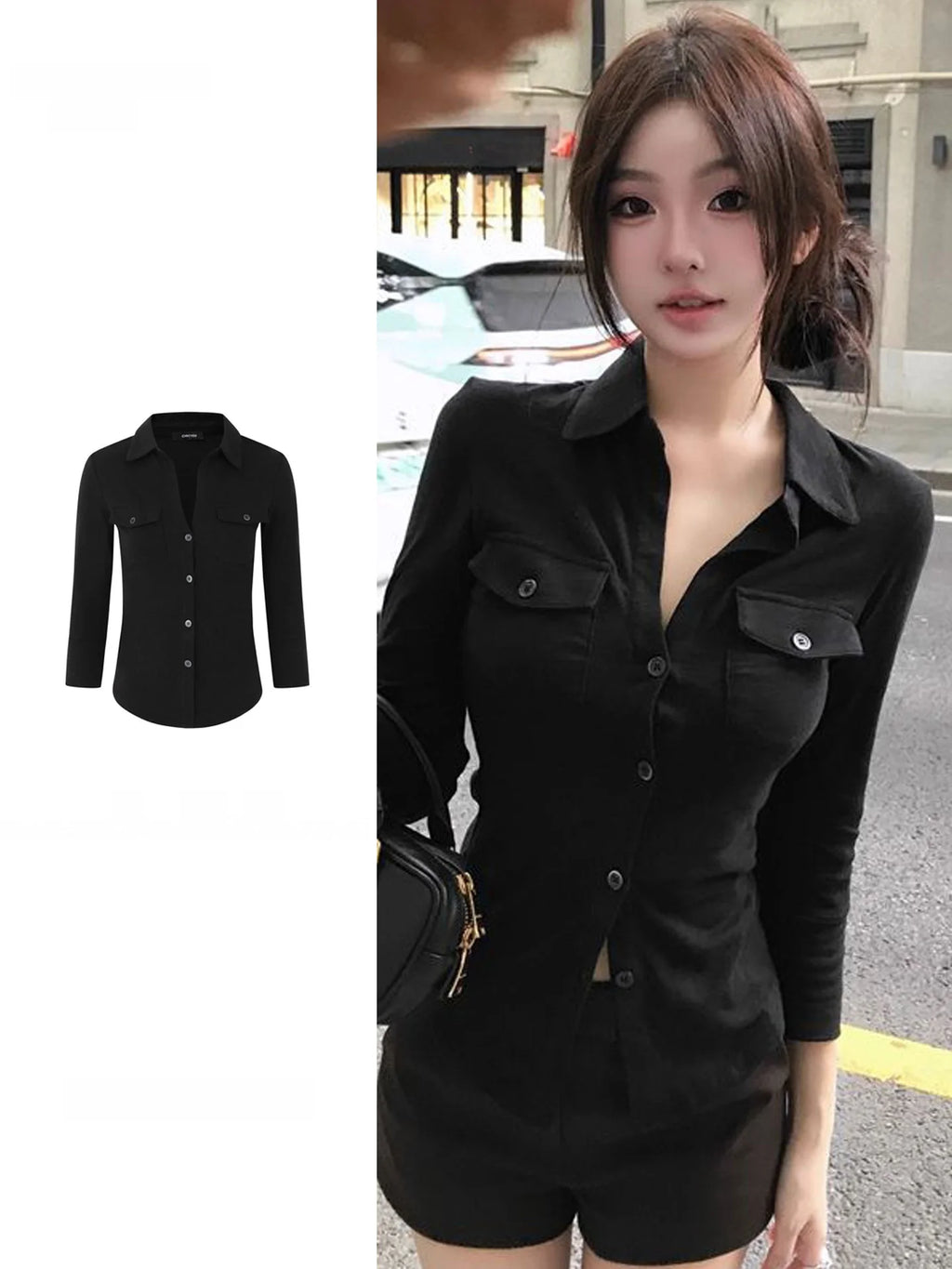 Slim Fit  Neck Shirt Women's Early Autumn Top Black Long Sleeve Commute Style Korean Version Regular Thickness Chinese Pr...