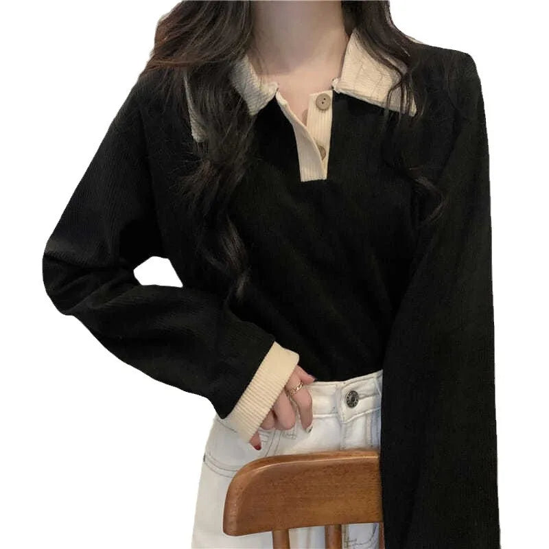 Women's Loose Fit Long Sleeve  Shirt Thin Turn-down Collar Korean Style Slimming Color Block City Walk Casual T-shirt
