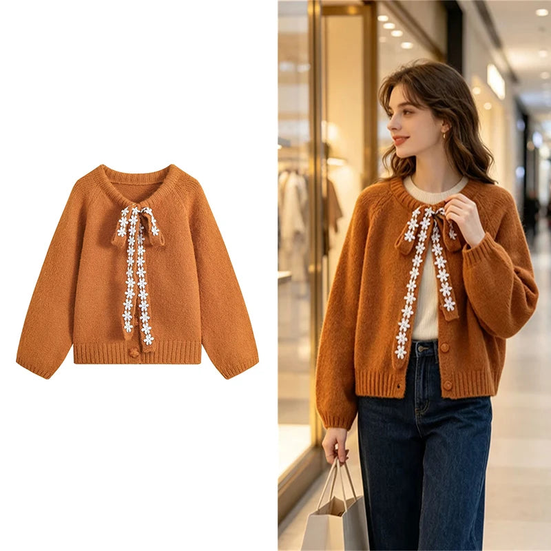Women's Lace Bow Knit Cardigan, Crew Neck, Long Sleeve, Single Button, Soft Knitted Sweater Jacket, Autumn Daily Casual