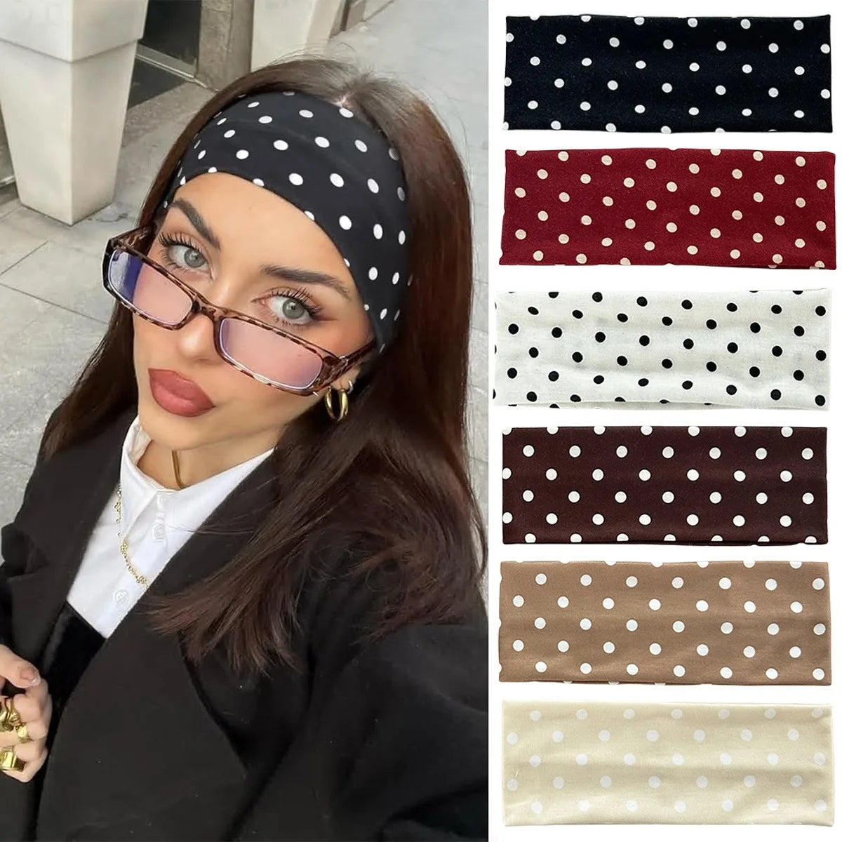Y2K Retro Polka Dot Stretch Women Girl Headband Boho Style Fashiona Versatile Wide Headbands Yoga Sports Dating Hair Accessories