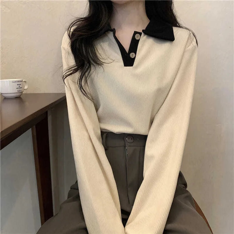 Women's Loose Fit Long Sleeve  Shirt Thin Turn-down Collar Korean Style Slimming Color Block City Walk Casual T-shirt