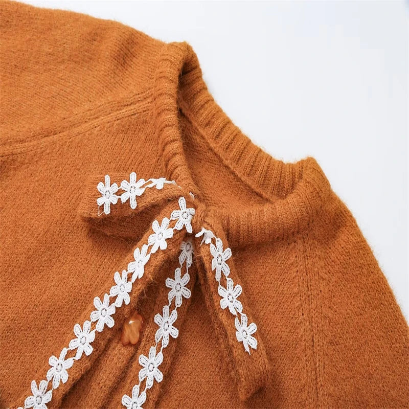 Women's Lace Bow Knit Cardigan, Crew Neck, Long Sleeve, Single Button, Soft Knitted Sweater Jacket, Autumn Daily Casual