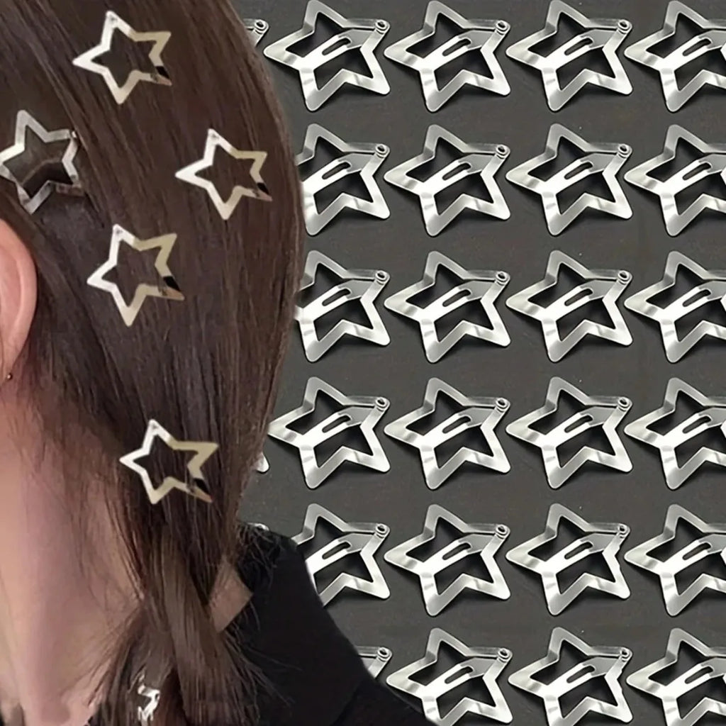 12//200pcs Y2K 4.2cm Silver Star Hair Clips for Girls Metal Snap Clip Hairpins Barrettes Hair Grip Jewel Hair Accessories