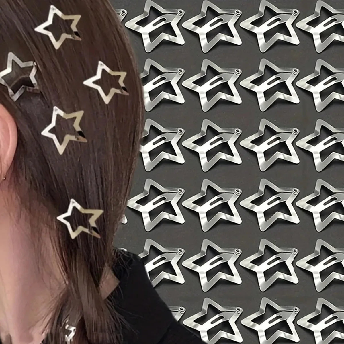 12//200pcs Y2K 4.2cm Silver Star Hair Clips for Girls Metal Snap Clip Hairpins Barrettes Hair Grip Jewel Hair Accessories