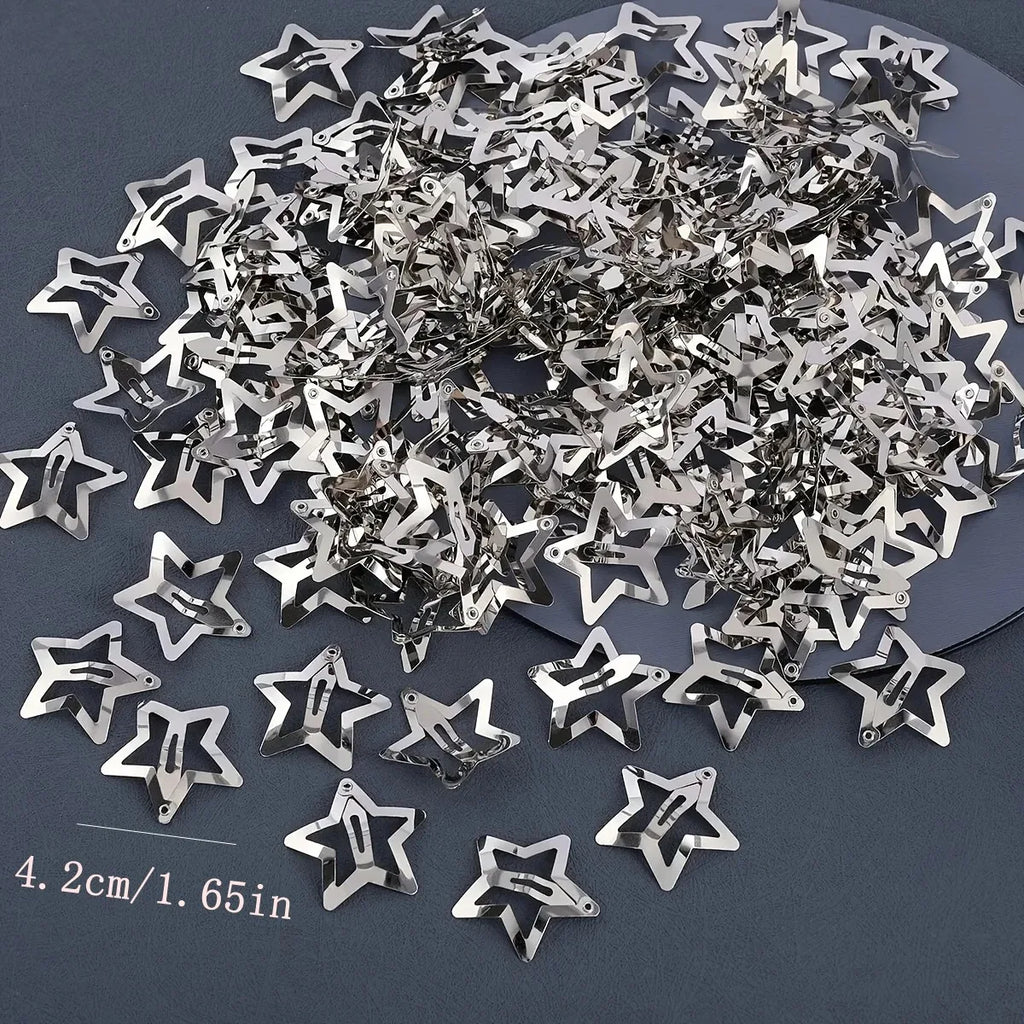 12//200pcs Y2K 4.2cm Silver Star Hair Clips for Girls Metal Snap Clip Hairpins Barrettes Hair Grip Jewel Hair Accessories