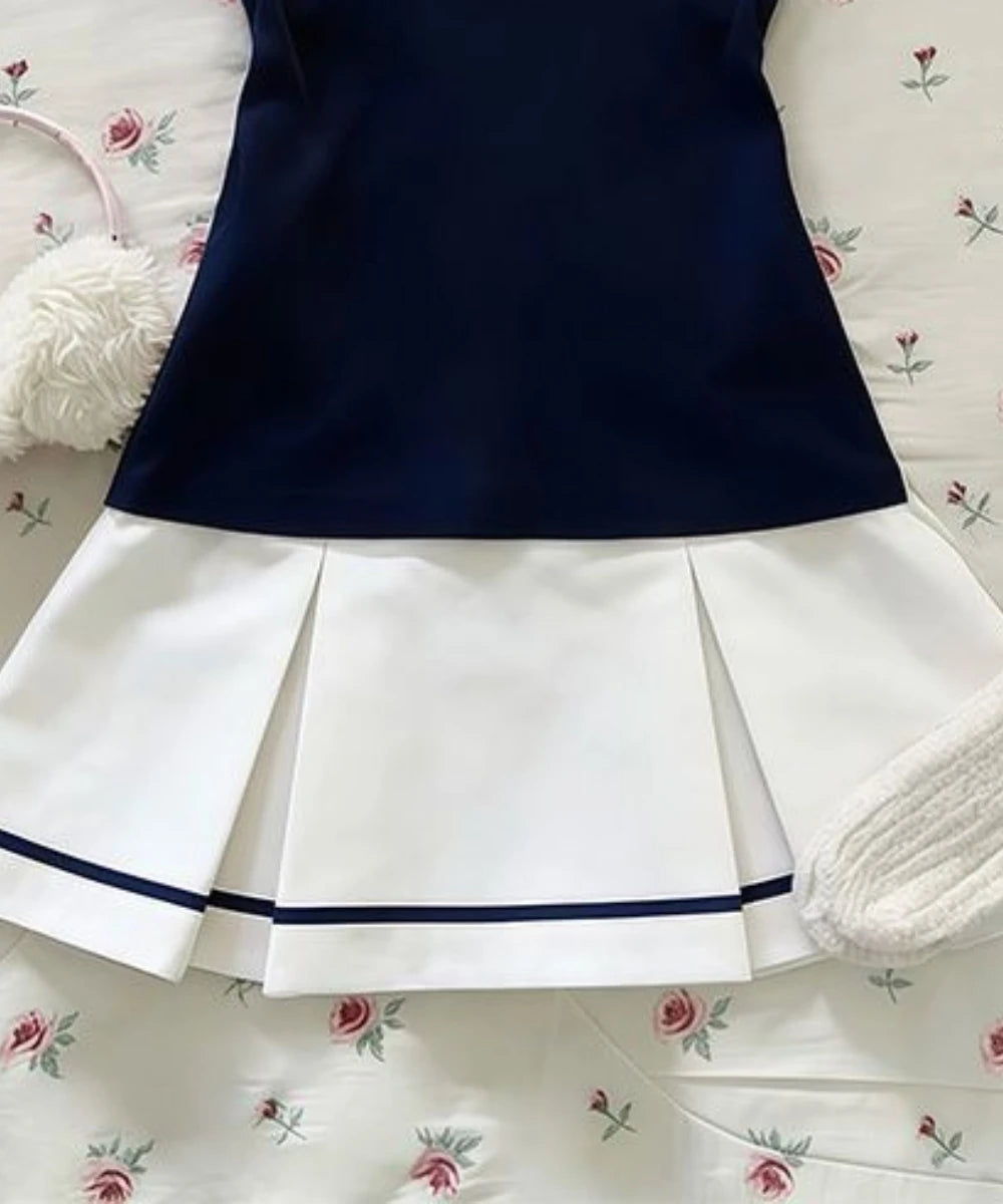 Japanese JK Style Sweet 2 Piece Set Women Fake Two Piece Navy Short Sleeve Top + High Waist Pleated Skirt Preppy Fashion Outfit