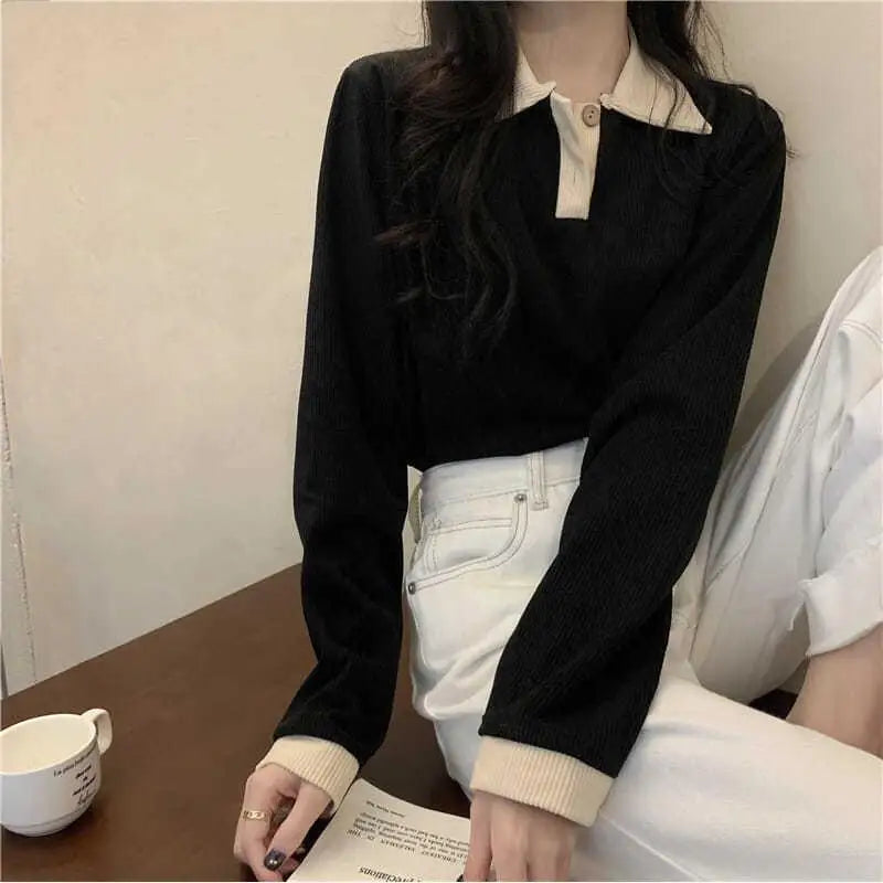Women's Loose Fit Long Sleeve  Shirt Thin Turn-down Collar Korean Style Slimming Color Block City Walk Casual T-shirt