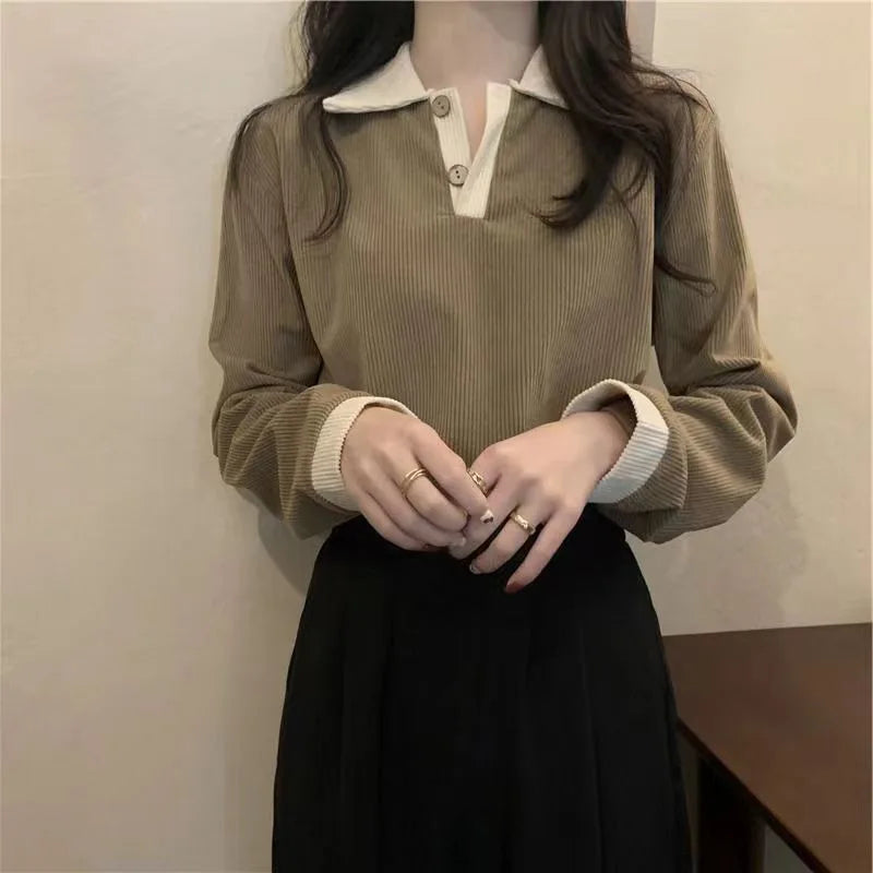 Women's Loose Fit Long Sleeve  Shirt Thin Turn-down Collar Korean Style Slimming Color Block City Walk Casual T-shirt