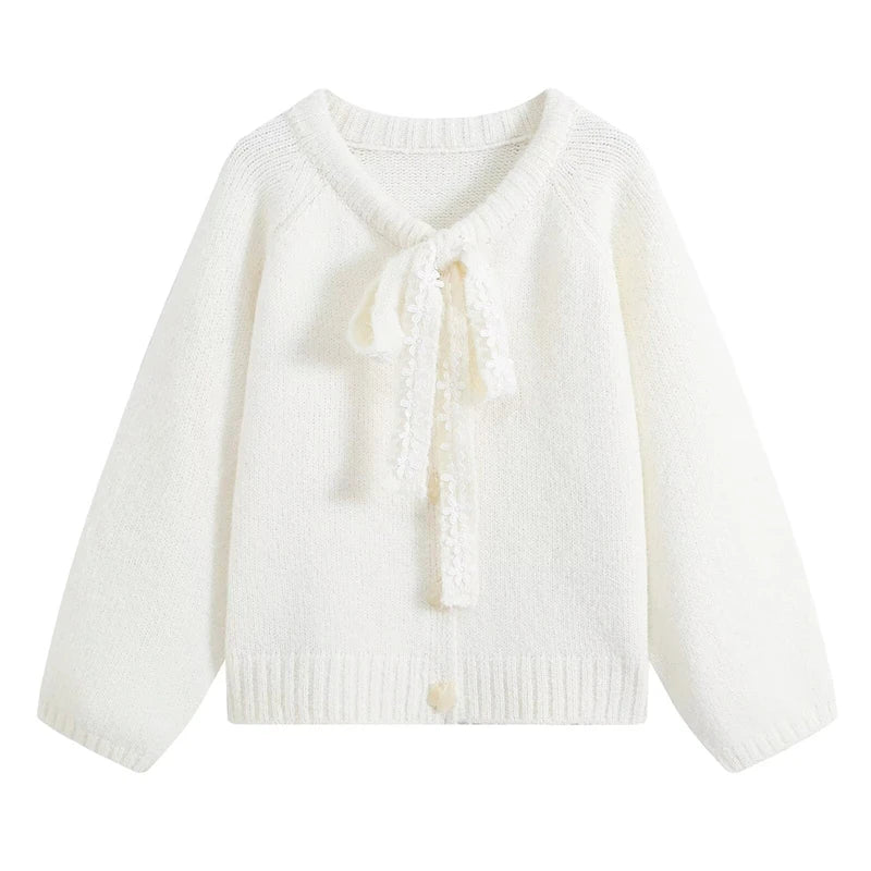Women's Lace Bow Knit Cardigan, Crew Neck, Long Sleeve, Single Button, Soft Knitted Sweater Jacket, Autumn Daily Casual