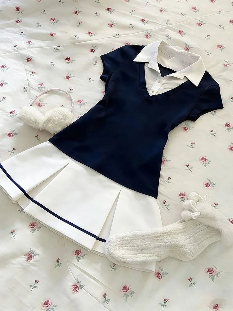 Japanese JK Style Sweet 2 Piece Set Women Fake Two Piece Navy Short Sleeve Top + High Waist Pleated Skirt Preppy Fashion Outfit