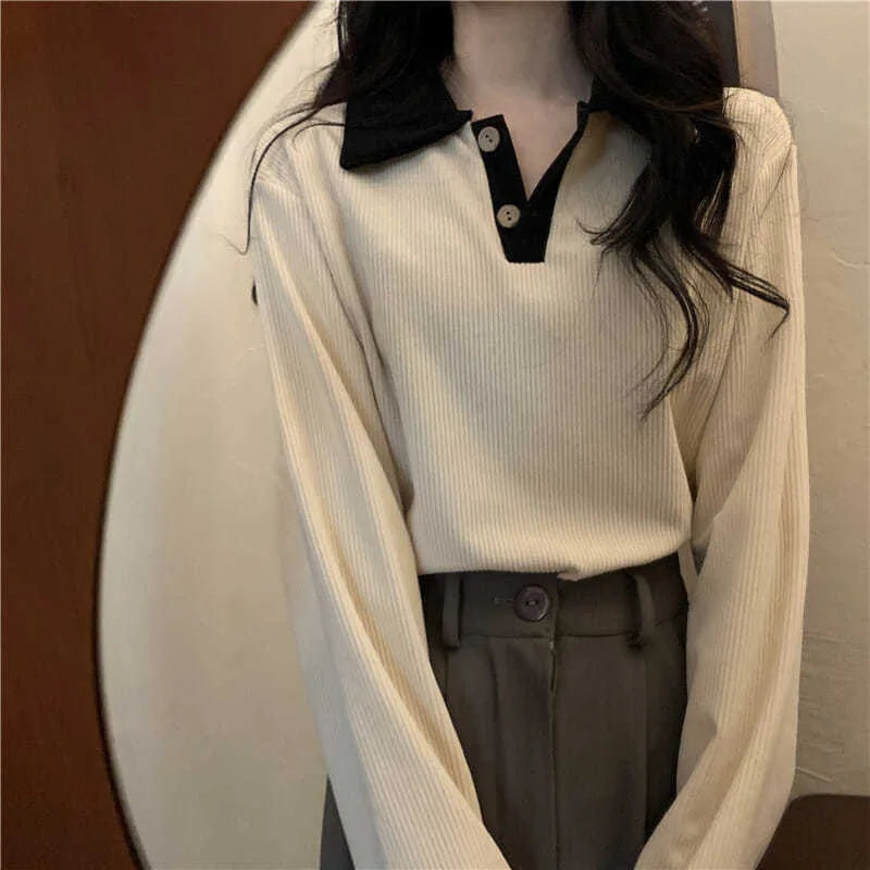 Women's Loose Fit Long Sleeve  Shirt Thin Turn-down Collar Korean Style Slimming Color Block City Walk Casual T-shirt