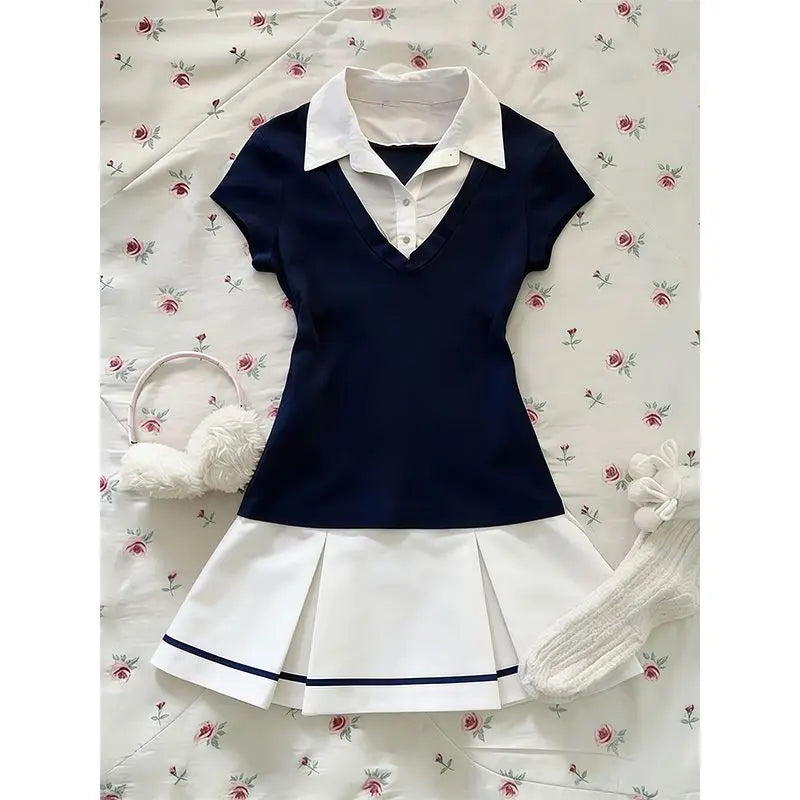 Japanese JK Style Sweet 2 Piece Set Women Fake Two Piece Navy Short Sleeve Top + High Waist Pleated Skirt Preppy Fashion Outfit